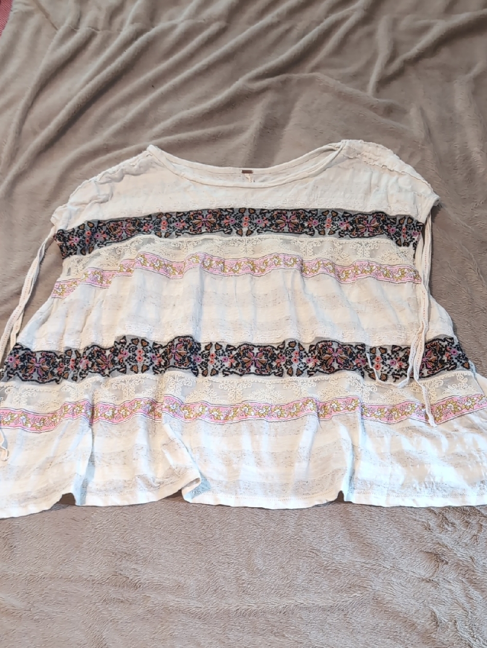 Free People Oversized Cream Tunic with Pink and Black Floral Stripes and Lace